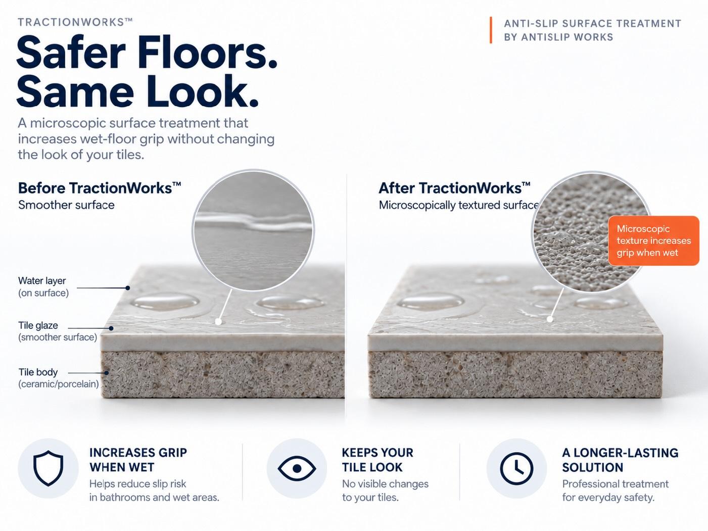 Illustration showing microscopic surface texture before and after anti-slip treatment