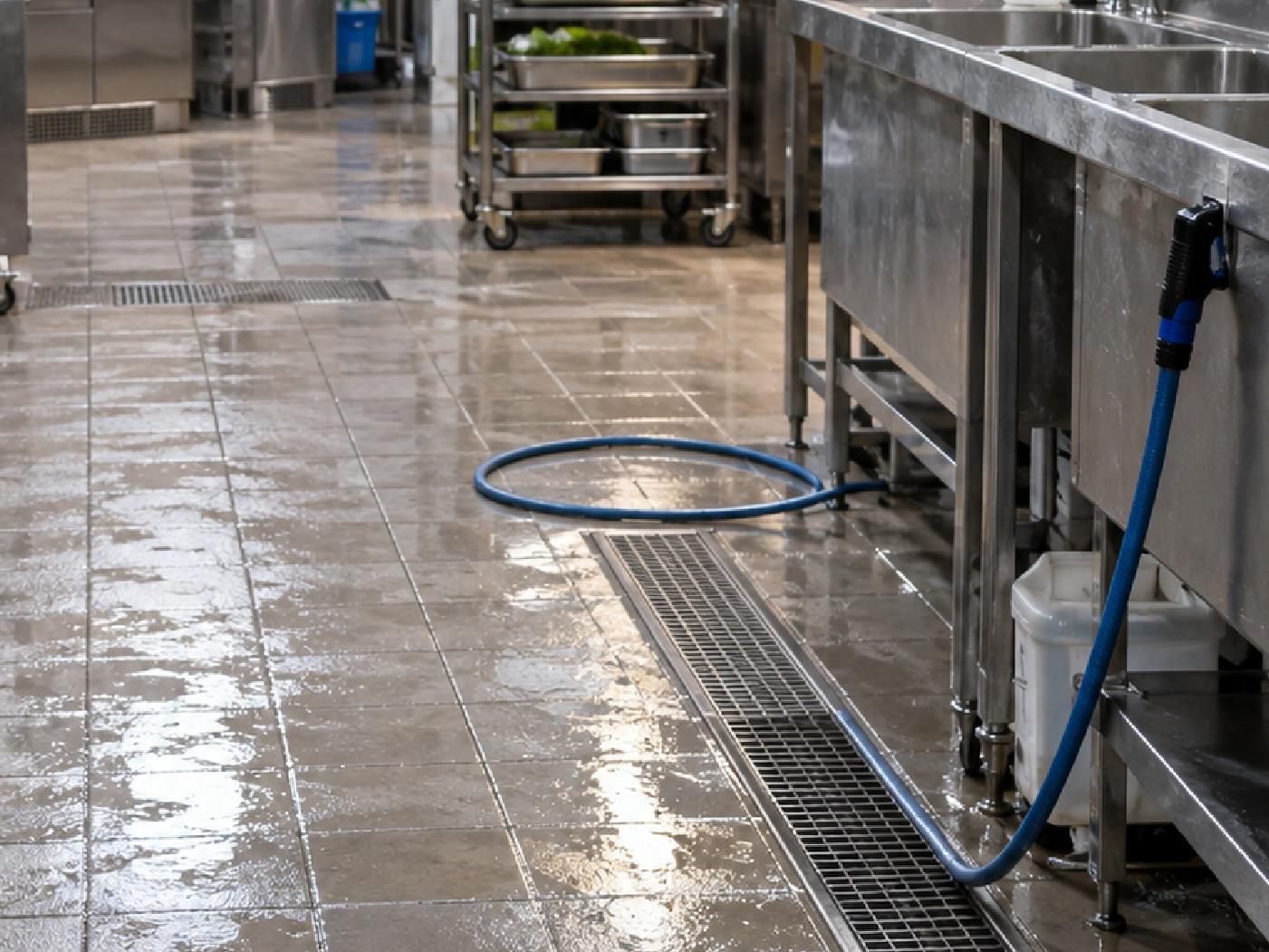Commercial kitchen wet and oily floor application for AntiSlip Works