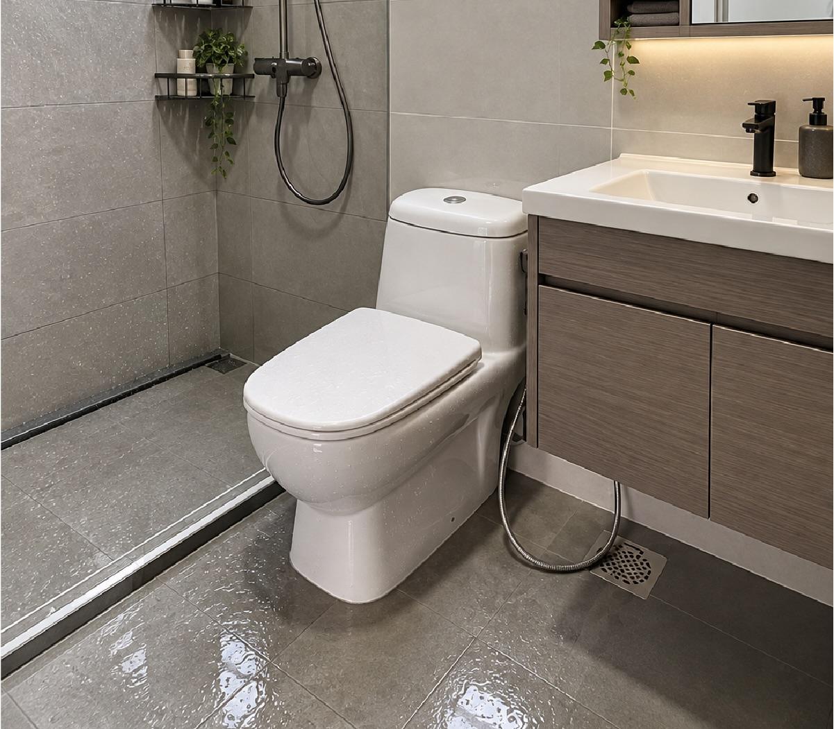 Wet treated bathroom floor after TractionWorks anti-slip surface treatment in Singapore