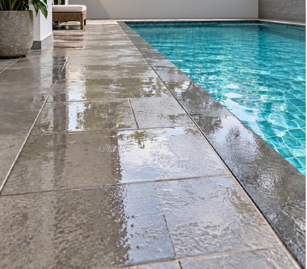 Residential anti-slip treatment on a private home pool floor with improved wet-floor grip