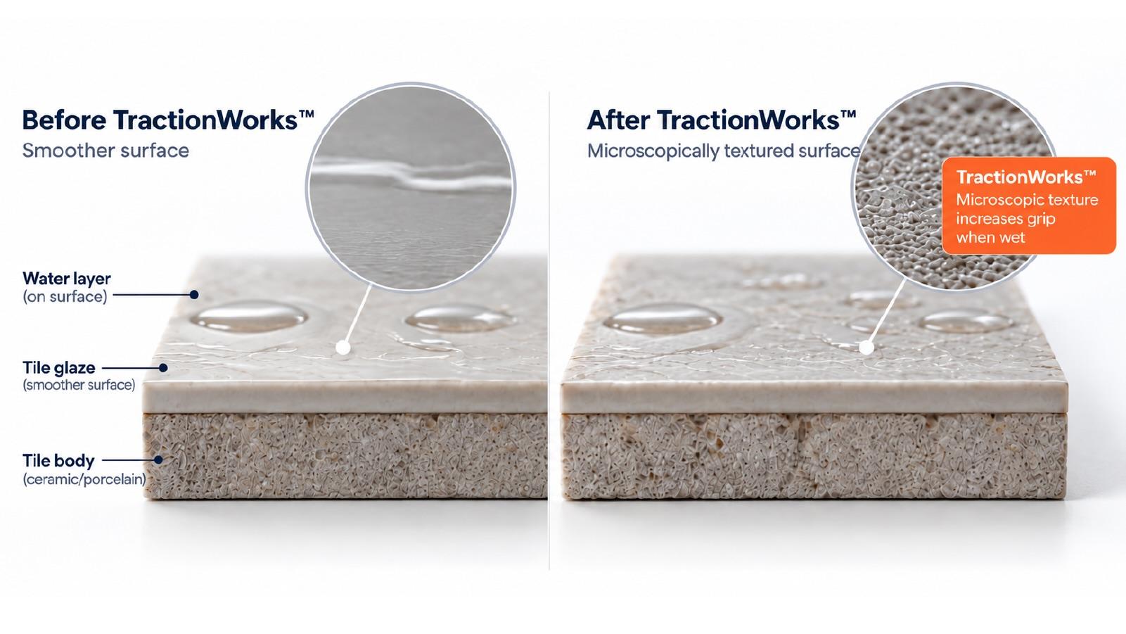 Illustration comparing a smoother tile surface before TractionWorks treatment with a microscopically textured surface after treatment